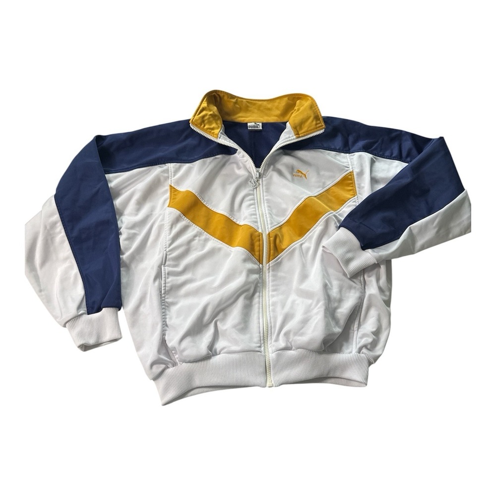 VINTAGE PUMA Track Jacket Mens Large 90s Colorblock White Navy Yellow Full Zip